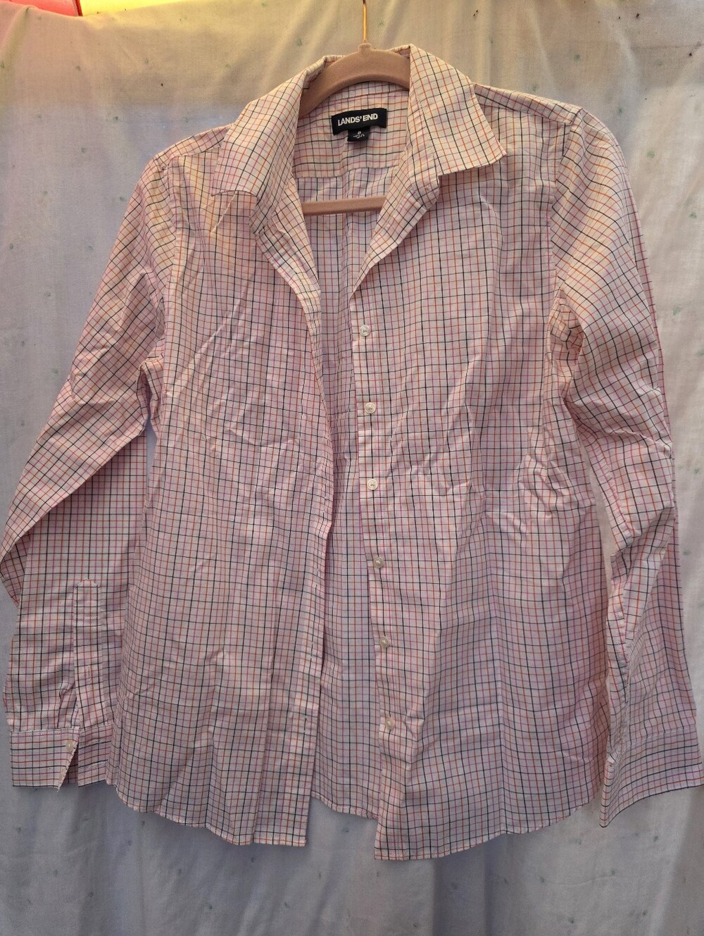 Lands End Plaid Button Down Shirt Pink Navy Tattersall Size 8